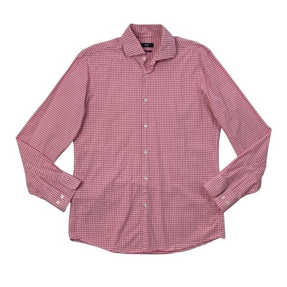 Hugo Boss Shirt Mens 15.5 Sharp Fit Rose White Cotton Gingham Check Long Sleeve - Picture 1 of 10
